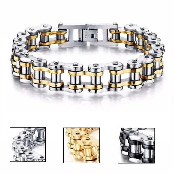 Men’s 18K Gold & White Gold Two Tone Motorcycle Biker Bike Link Bracelet - Picture 3 of 5